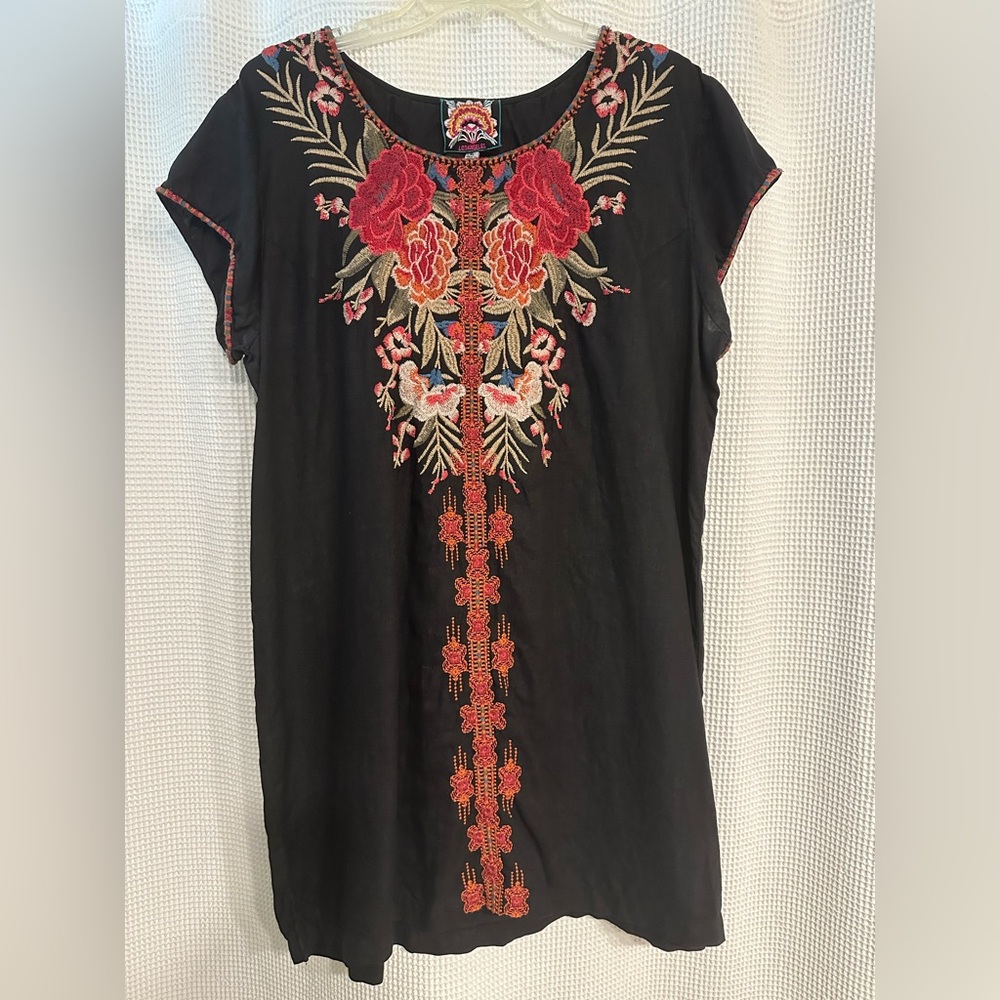 Johnny Was Embroidered Black Top with Red Floral Design